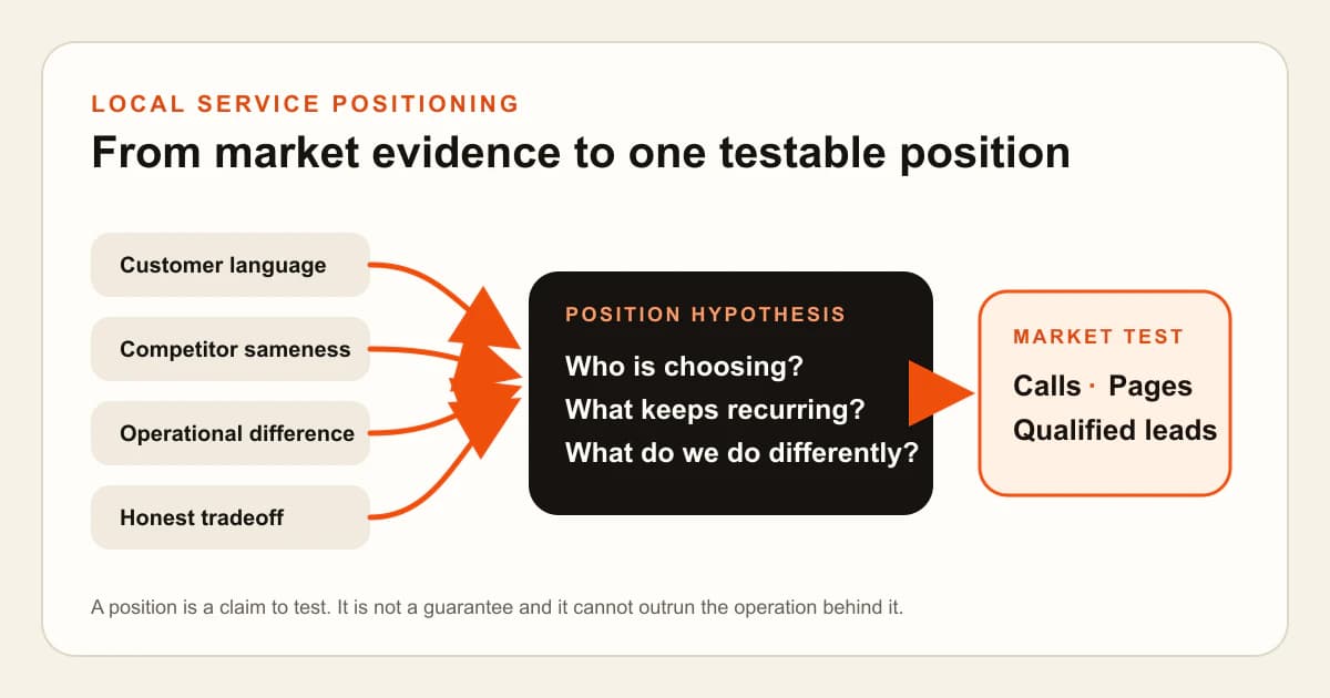 A positioning diagram that moves customer language, competitor sameness, an operational difference, and a tradeoff into one testable position.