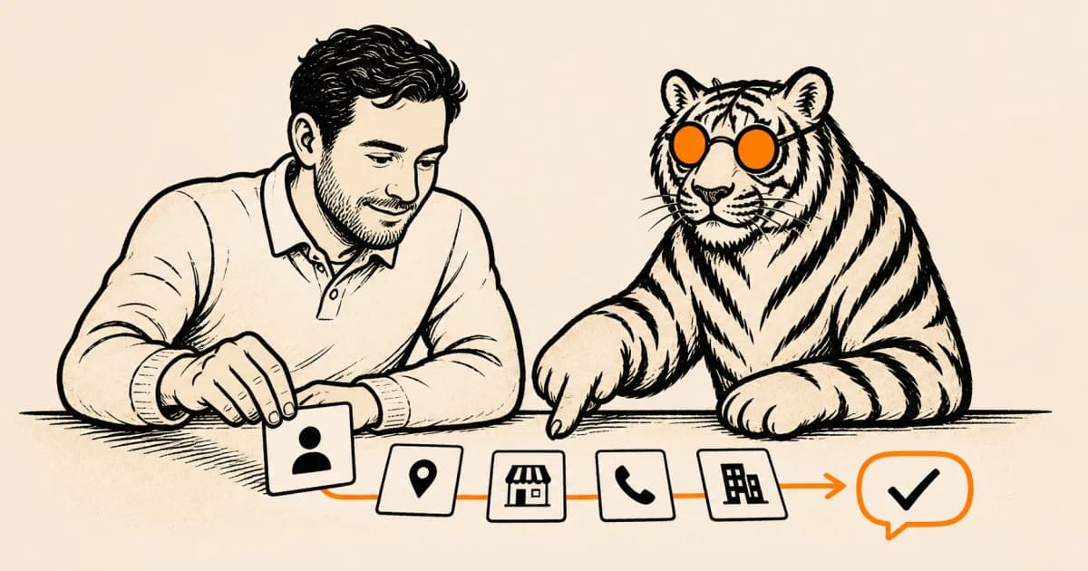 A business owner and the BlackTiger mascot organizing clear business facts into information answer tools can understand.
