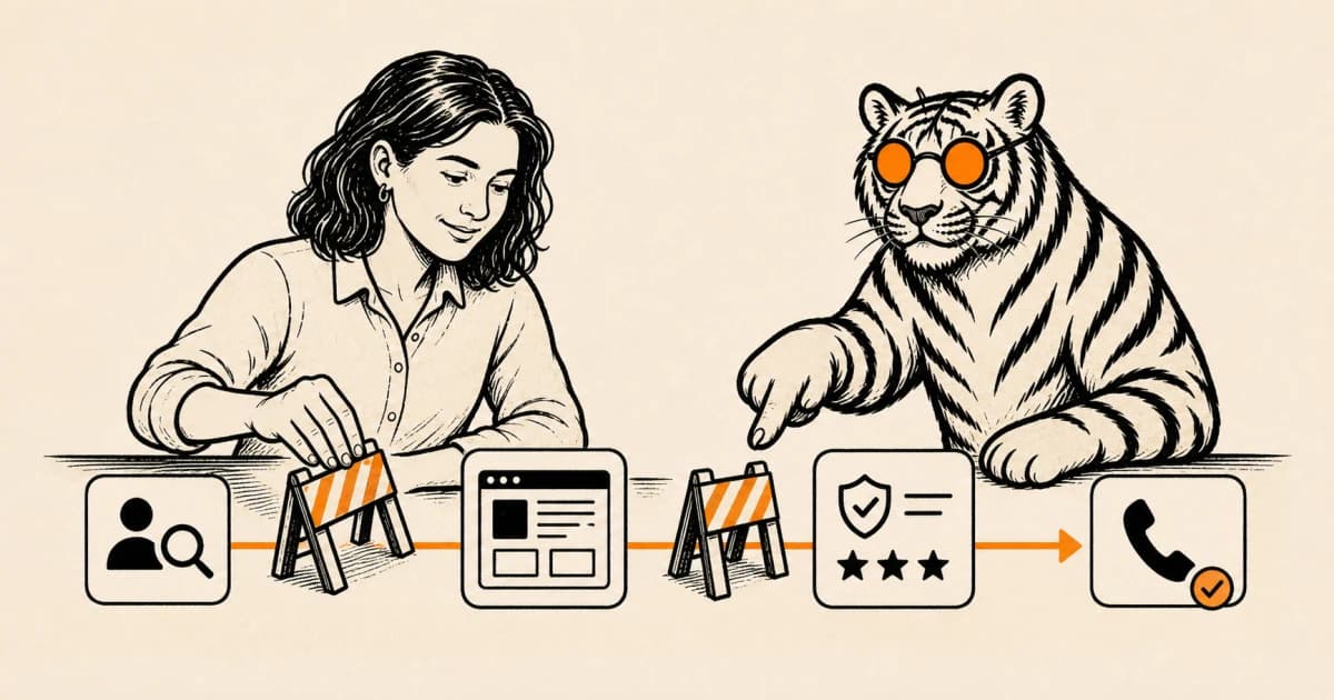 A business owner and the BlackTiger mascot clearing obstacles between a qualified website visit and a call or inquiry.