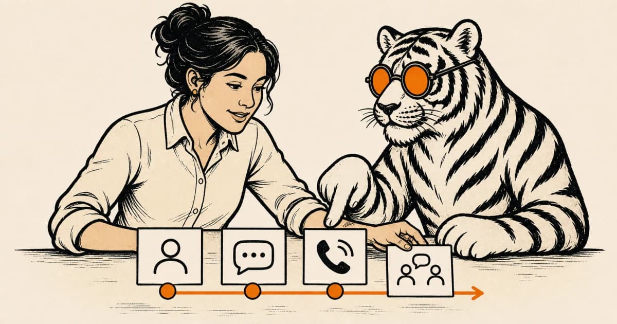 A business owner and the BlackTiger mascot connecting a new lead, timely follow-up, and a human conversation.