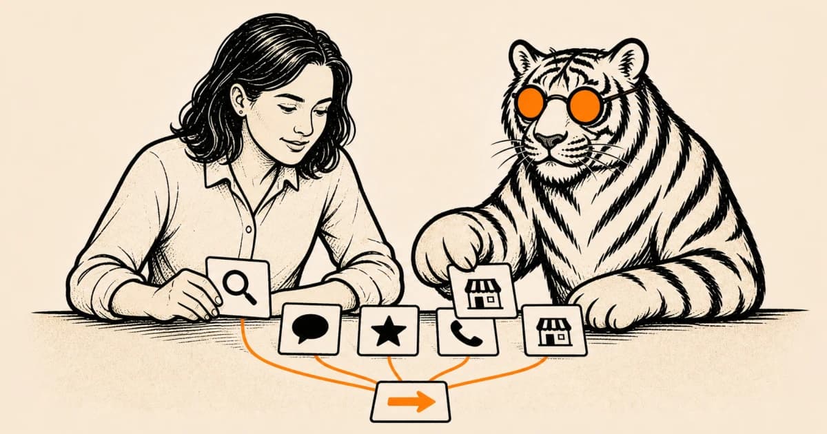 A business owner and the BlackTiger mascot organizing search, review, call, and market signals into one clear direction.