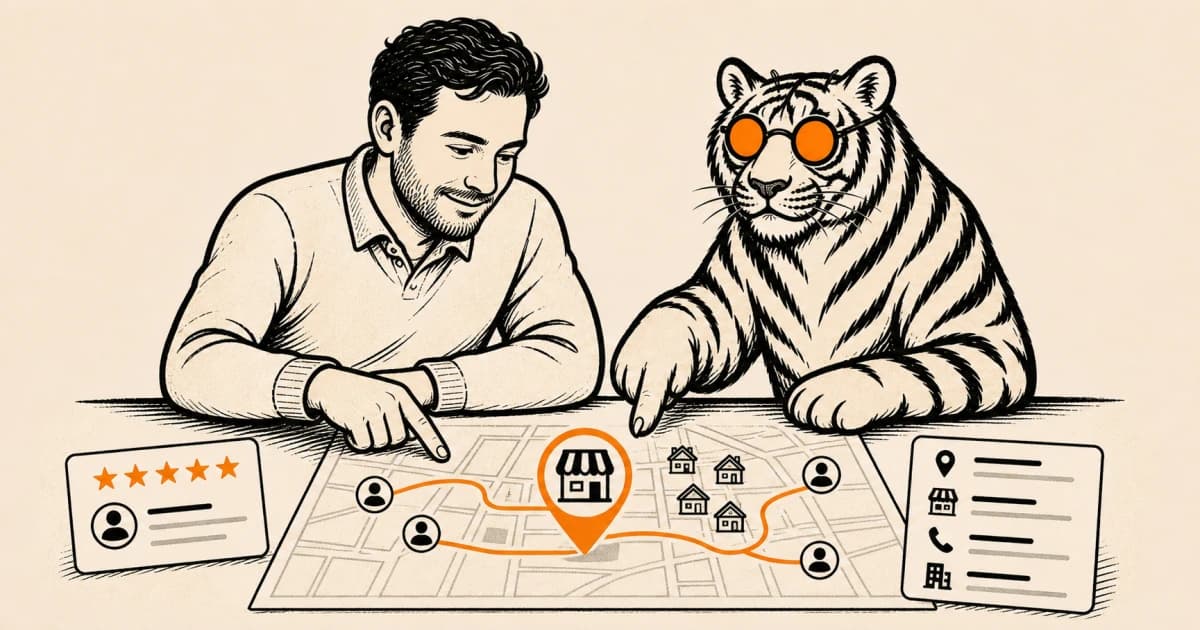 A business owner and the BlackTiger mascot mapping nearby customers, service areas, reviews, and accurate business information.