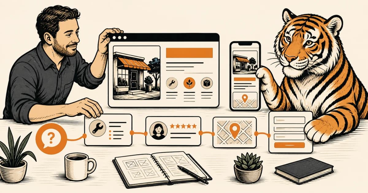 A business owner and the BlackTiger mascot arranging service, proof, mobile, location, and inquiry elements into a clear website path.