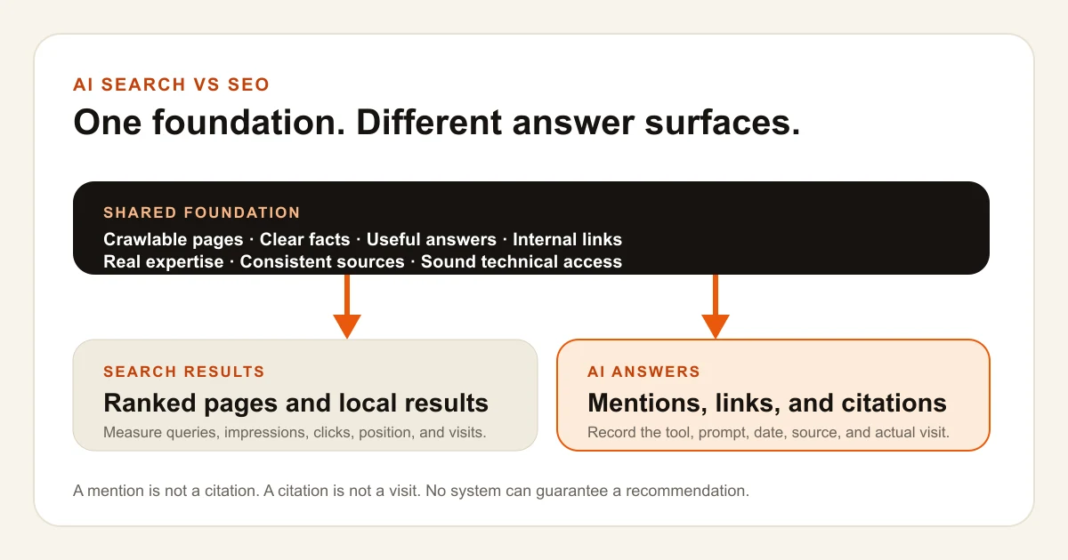 A comparison diagram showing shared technical and content foundations leading to ranked search results and cited AI answers with separate measurements.